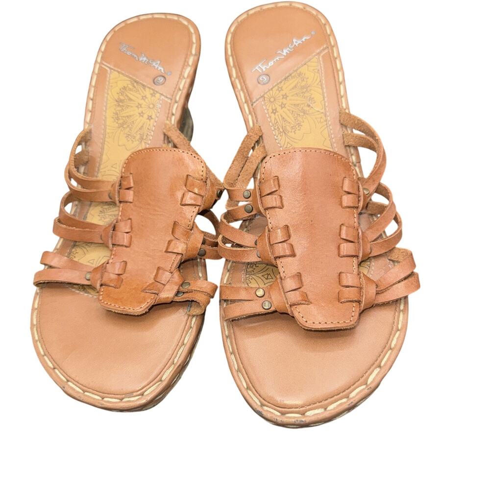 Women's / Thom McAn /Brown Leather / High Wedge, Slip-on Sandal / Size 9